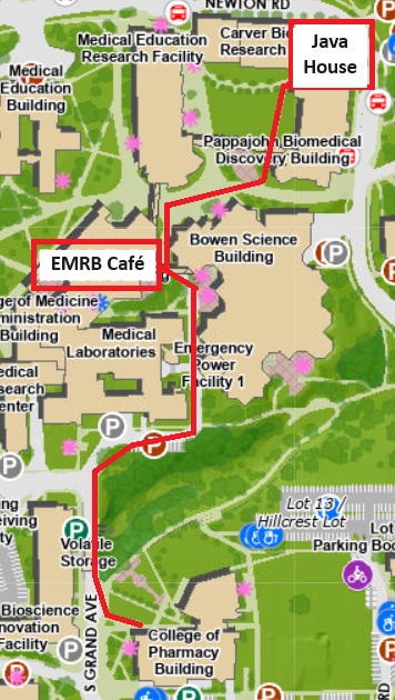 On campus map of how to get to coffee spots